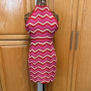 Lush Size Large  Pink and Red Chevron Knit Halter Dress.